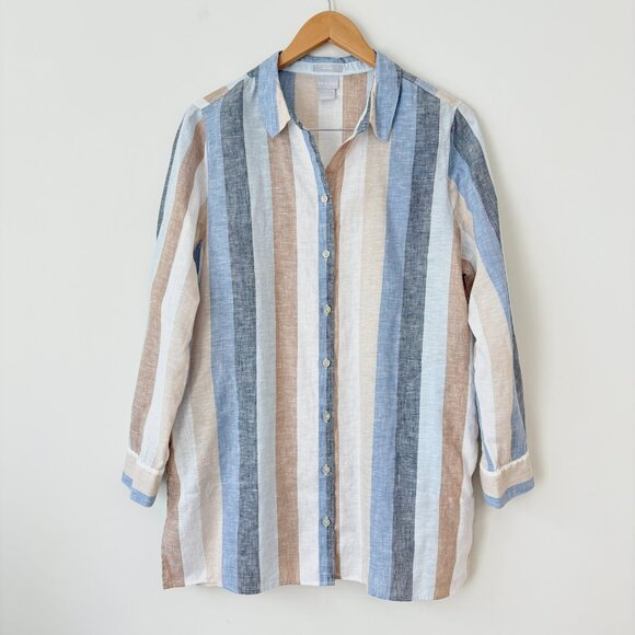 Chico's No-Iron Linen Top Stripe Multicolor Tunic with Pockets Size 2 US 12/14 - Picture 2 of 8